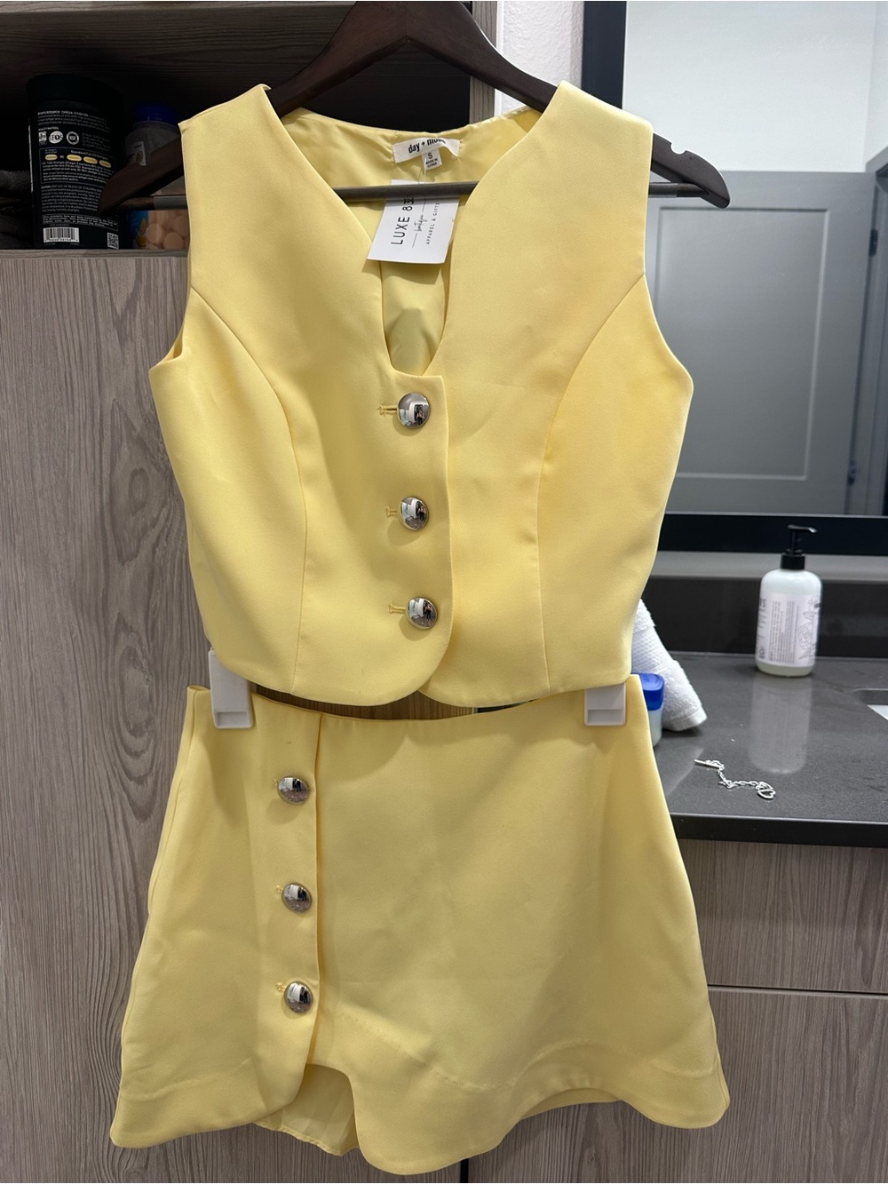 Luxe Lemon Yellow Buttoned Vest and Skirt Set